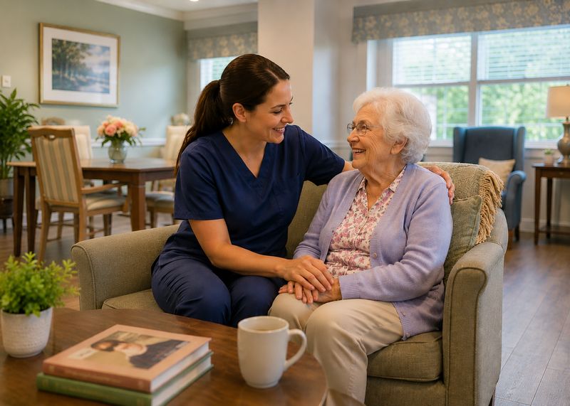 Caring staff with resident at The Waters of Batesville